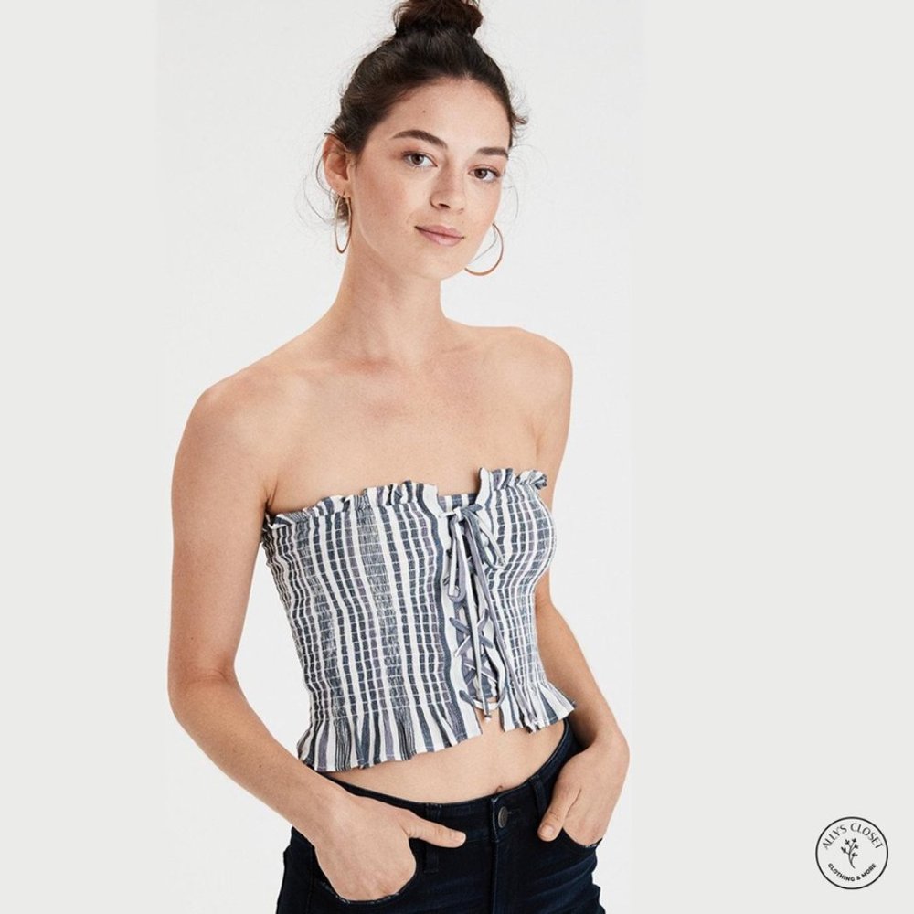 American Eagle Blue Striped Lace Up Tube Top